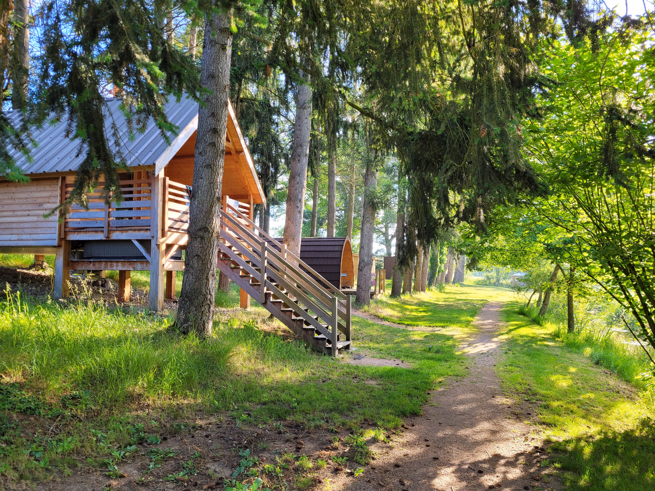 Cabanes en bois dans un cadre végétal lumineux